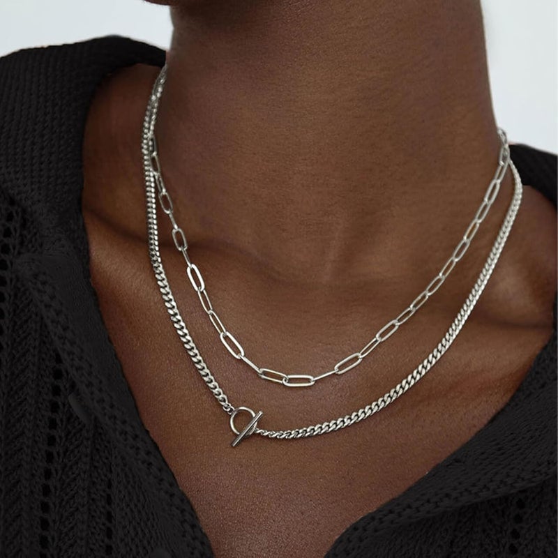 ANGLEQUEEN Chunky Silver Necklaces for Women Silver Layered Pirate Necklaces Punk 8090s Hip Hop Cuban Link Chain Necklace Layered Choker Necklace Pirate Prom Jewelry Freaknik Outfit Accessories - Image 1